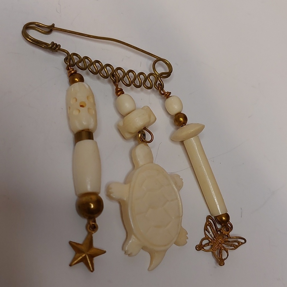 Vintage Carved Bone and Brass Dangling Charms Brooch Pin - Picture 3 of 6